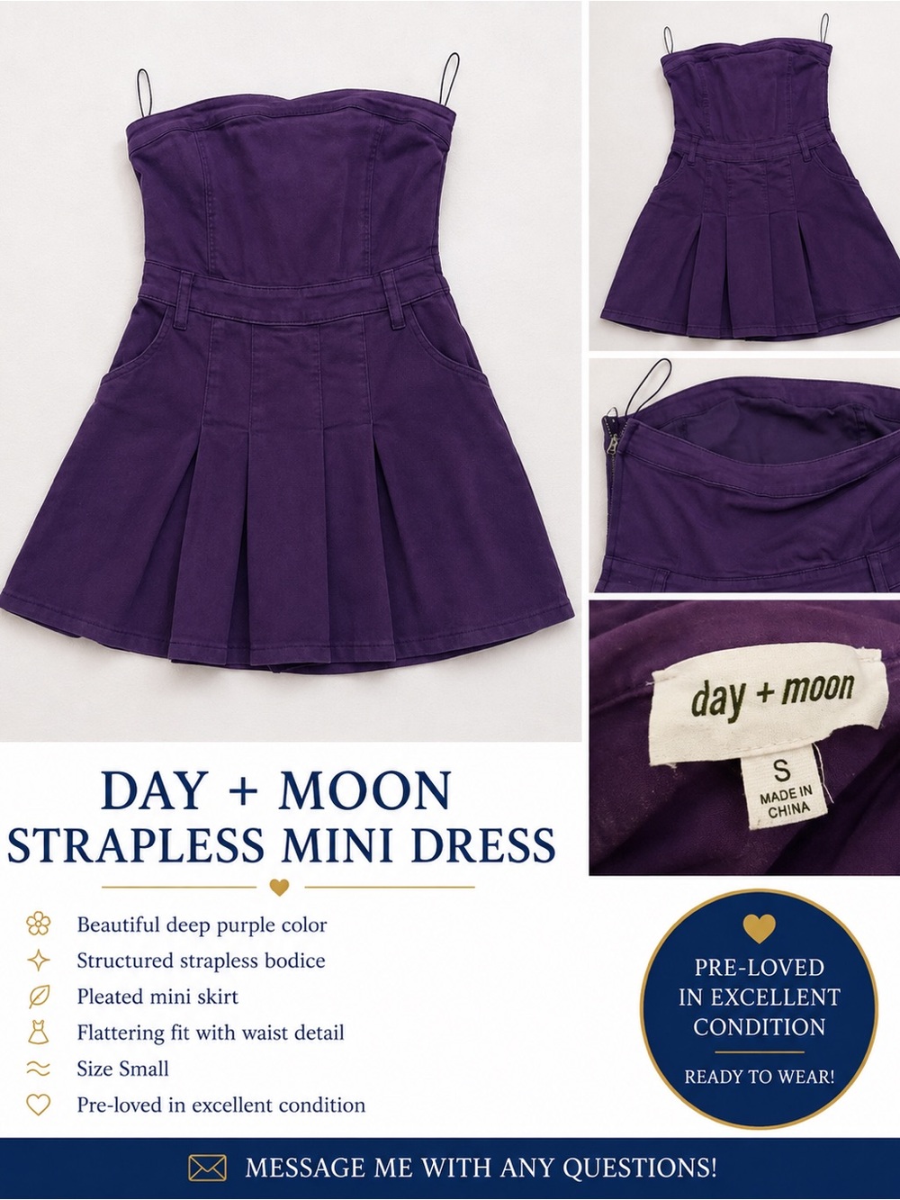 Purple Strapless Pleated Dress - Small